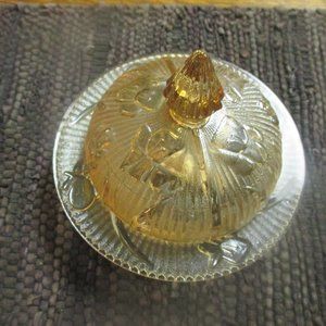 Jeannette Glass Co Iris & Herringbone Iridescent Amber Butter Dish